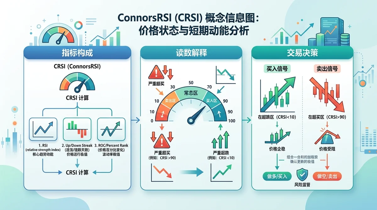 ConnorsRSI 概念信息图:总结其用于分析价格状态与短期动能的定位,并区分指标构成、读数解释和交易决策三个层次。