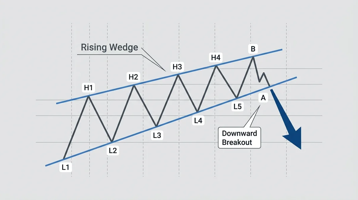 Wide 16:9 horizontal diagram, main subject centered. Clean flat vector style. Show a rising wedge pattern: two upward converg