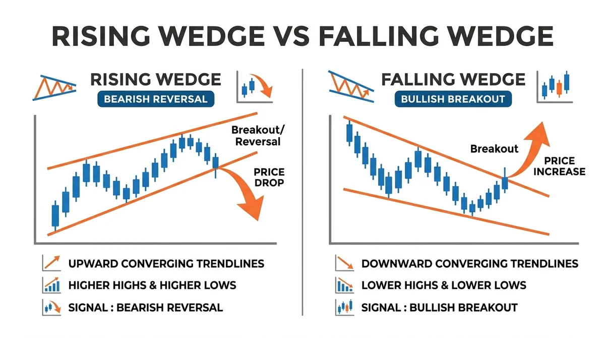 Wide 16:9 horizontal infographic comparing rising wedge and falling wedge patterns. Left panel: rising wedge with two upward