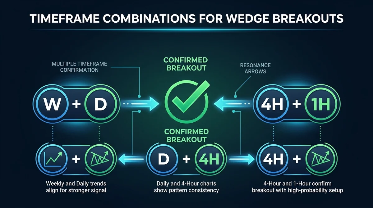 Wide 16:9 horizontal infographic illustrating multi-timeframe confirmation signals. Three pairs of timeframe badges arranged