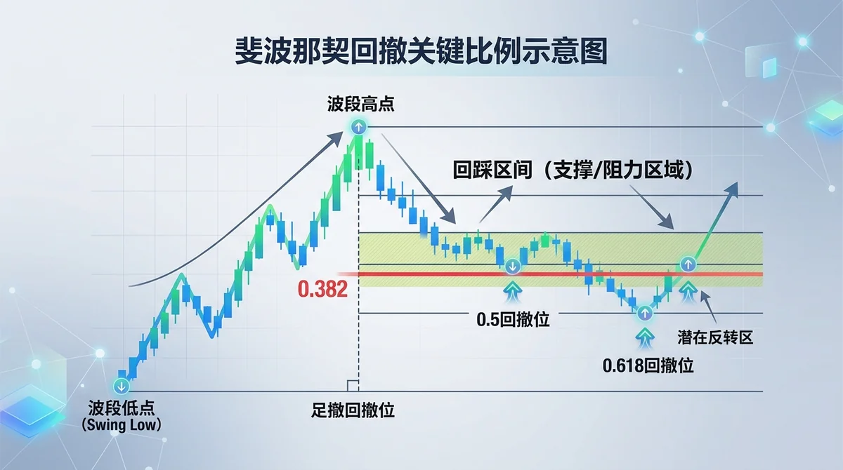 斐波那契回撤关键比例示意图：标注0.382、0.5、0.618回撤位，以及回踩区间（支撑/阻力区域）