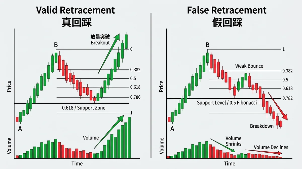 真回踩与假回踩对比图：左侧展示有效回踩（回踩至斐波那契位后放量突破），右侧展示假回踩（回踩后成交量萎缩并跌破支撑）