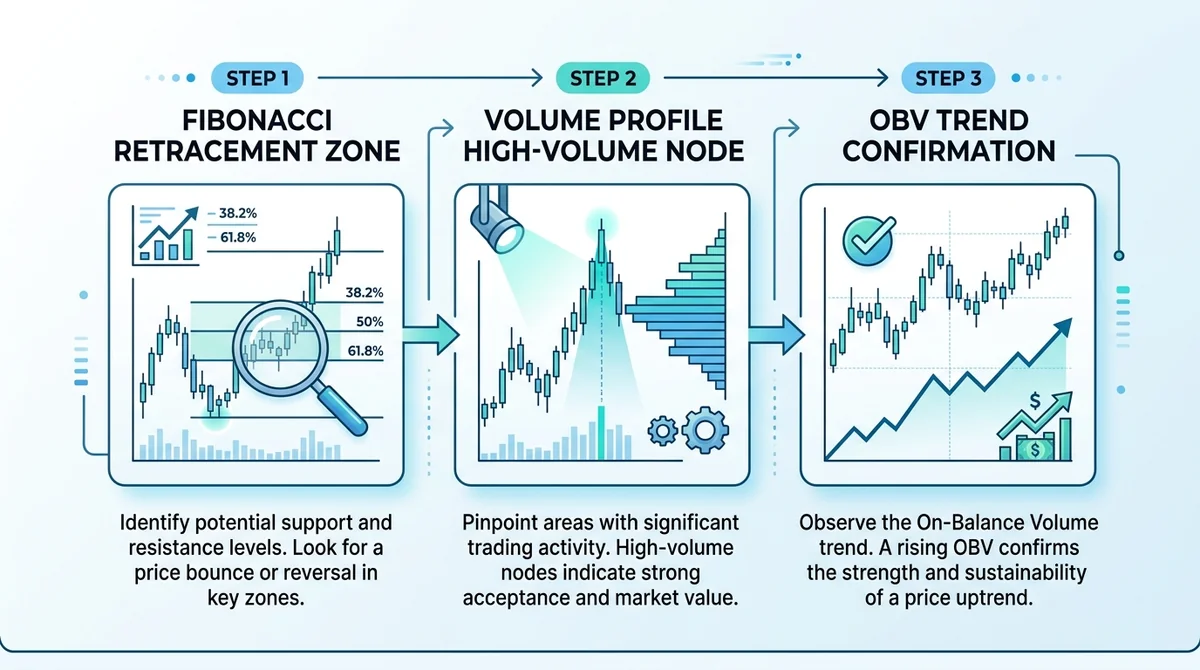 Wide 16:9 horizontal infographic, three-step flow diagram with icons, step 1 Fibonacci retracement zone, step 2 volume profil