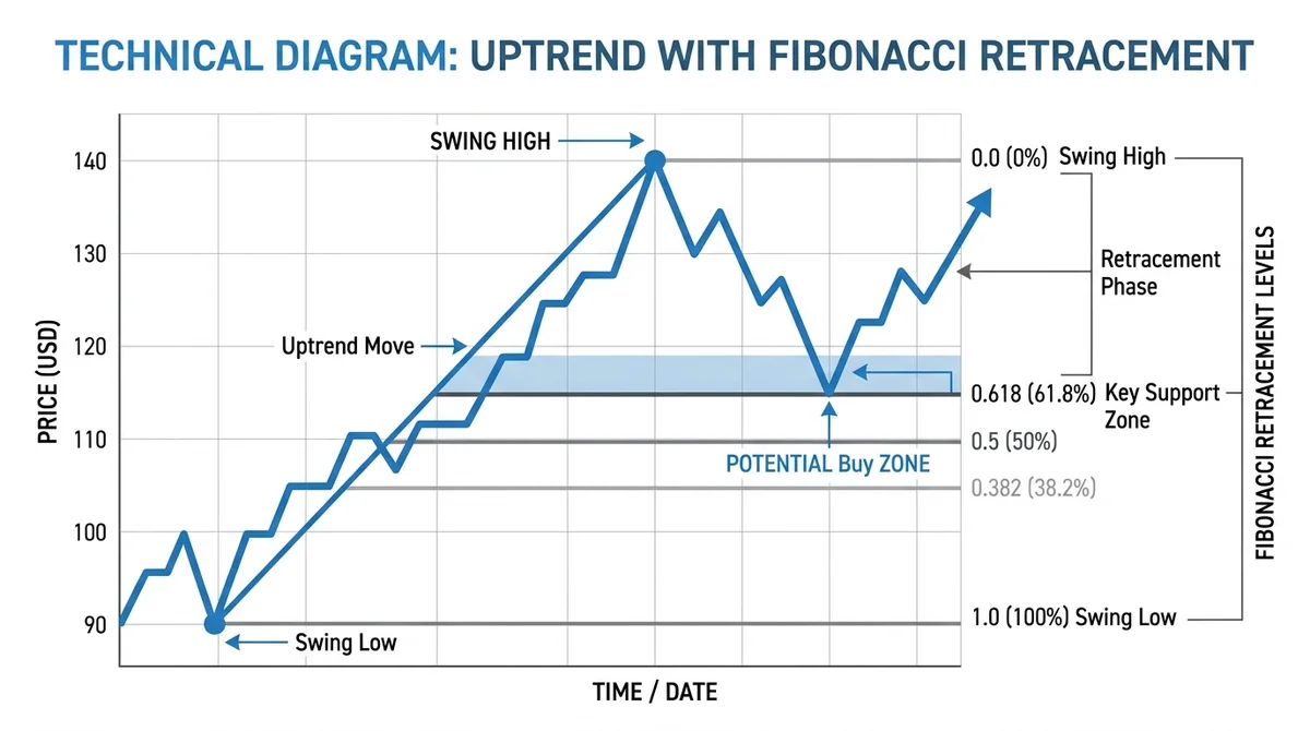 Wide 16:9 horizontal technical diagram, uptrend chart with swing low and swing high connected by a line, Fibonacci retracemen