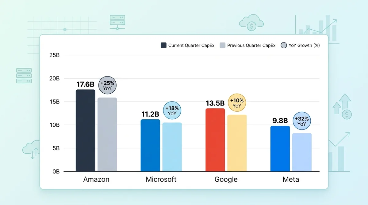 北美四大云厂商（Amazon, Microsoft, Google, Meta）最近季度资本开支对比柱状图，标注具体金额和同比增速