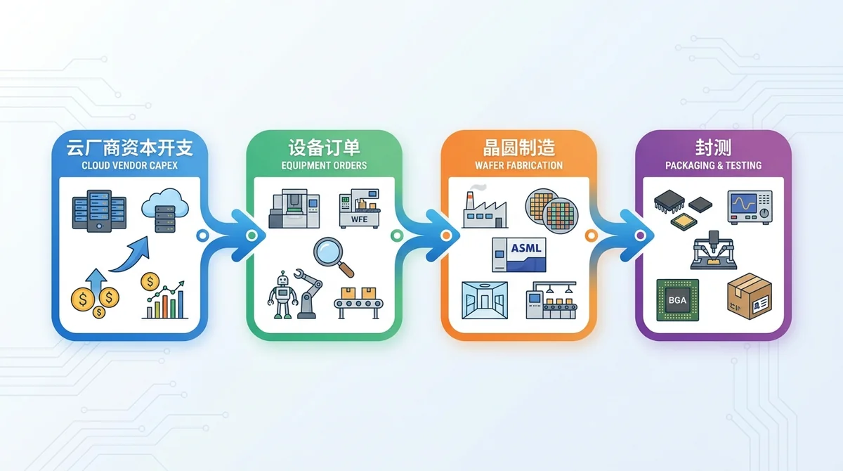 流程图展示从云厂商Capex指引到半导体供应链的传导链条：资本开支→设备订单→晶圆制造→封测，箭头连接各环节