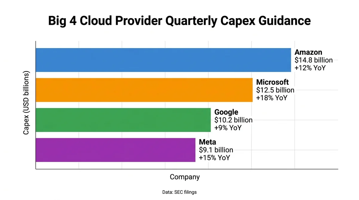 Wide 16:9 horizontal bar chart, centered main chart area, comparing Amazon, Microsoft, Google, Meta quarterly capex guidance,