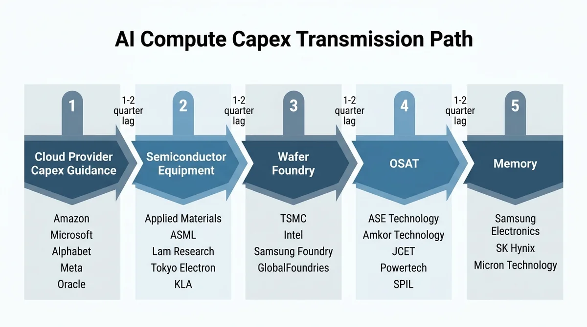 Wide 16:9 horizontal infographic flow diagram, centered five-stage horizontal flow: Cloud Provider Capex Guidance -> Semicond