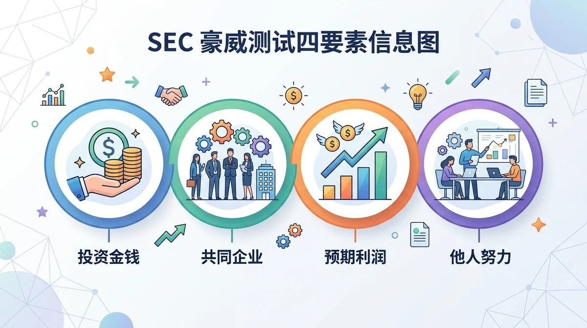 SEC 豪威测试四要素信息图,展示投资金钱、共同企业、预期利润、他人努力等判断标准