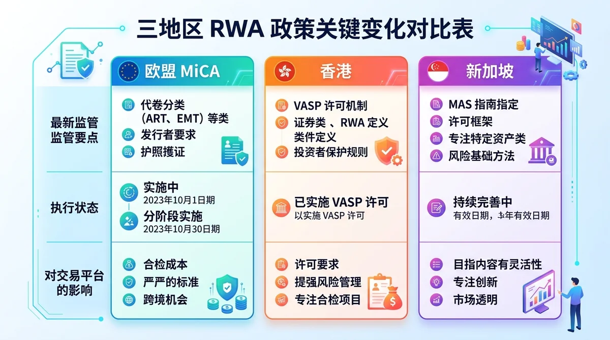 三地区 RWA 政策关键变化对比表：列出欧盟 MiCA、香港、新加坡的最新监管要点、执行状态与对交易平台的影响