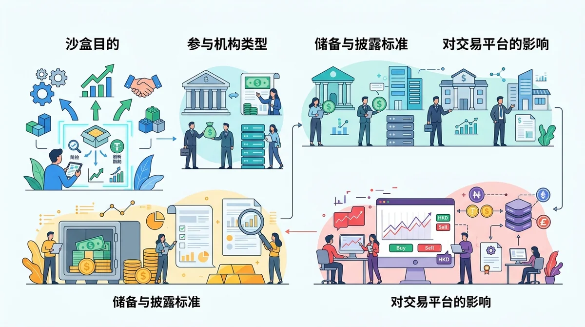香港稳定币沙盒信息图：展示沙盒目的、参与机构类型、储备与披露标准及对交易平台的影响四个模块