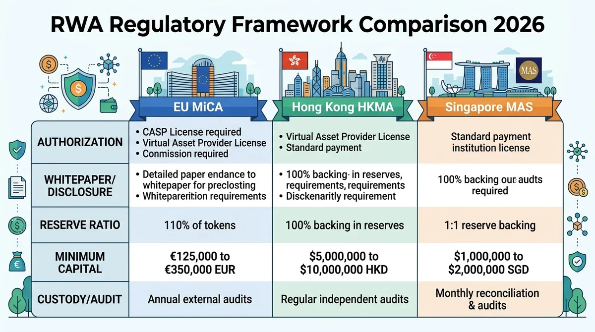 Wide 16:9 horizontal comparison chart. A clean table with 3 columns for EU MiCA, Hong Kong HKMA, Singapore MAS and rows for a