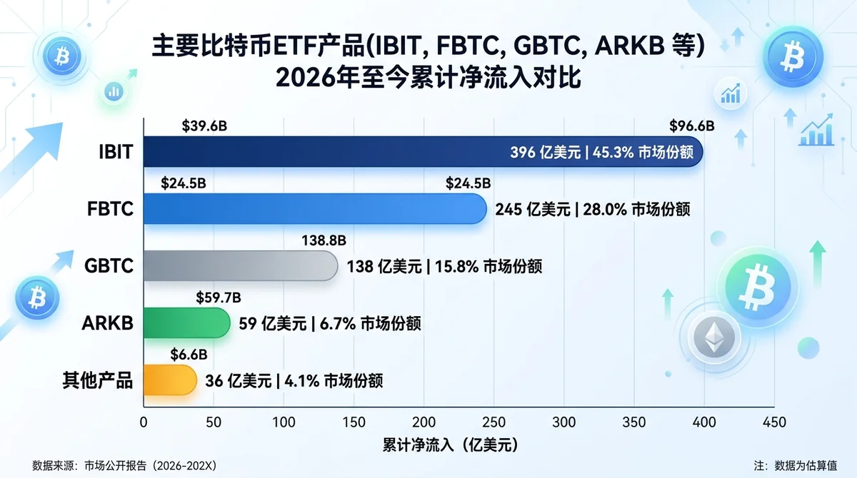 主要比特币ETF产品(IBIT、FBTC、GBTC、ARKB等)2026年至今累计净流入对比横向柱状图,标注具体数值和市场份额