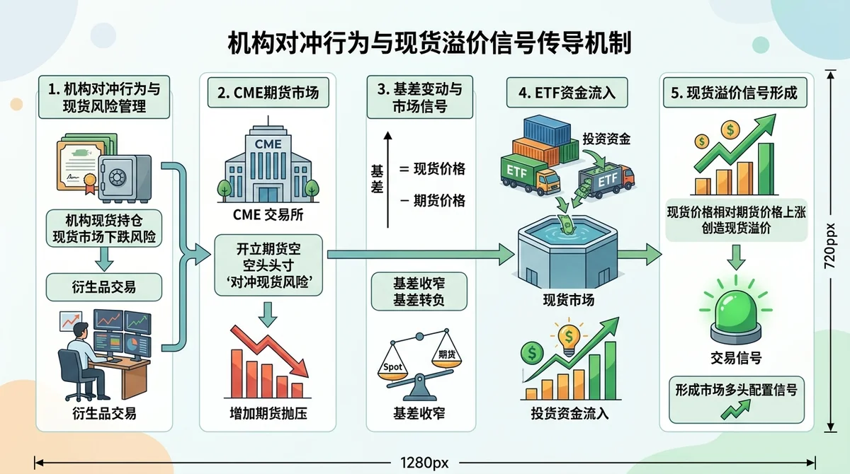机构对冲行为与现货溢价信号传导机制流程图:展示机构通过CME期货空头对冲现货风险,导致基差收窄或转负,叠加ETF资金流入,最终形成现货溢价信号的逻辑链