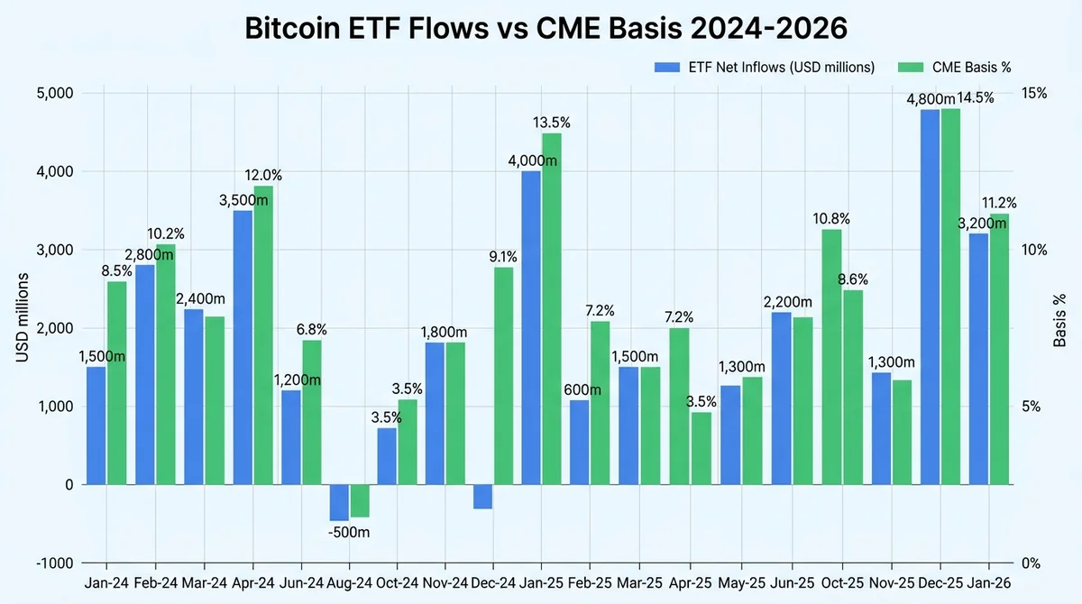 Wide 16:9 horizontal bar chart comparing monthly Bitcoin ETF net inflows in USD millions and CME basis percentage from Januar