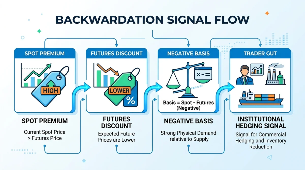 Wide 16:9 horizontal infographic flow diagram, four connected panels: spot premium, futures discount, negative basis, institu