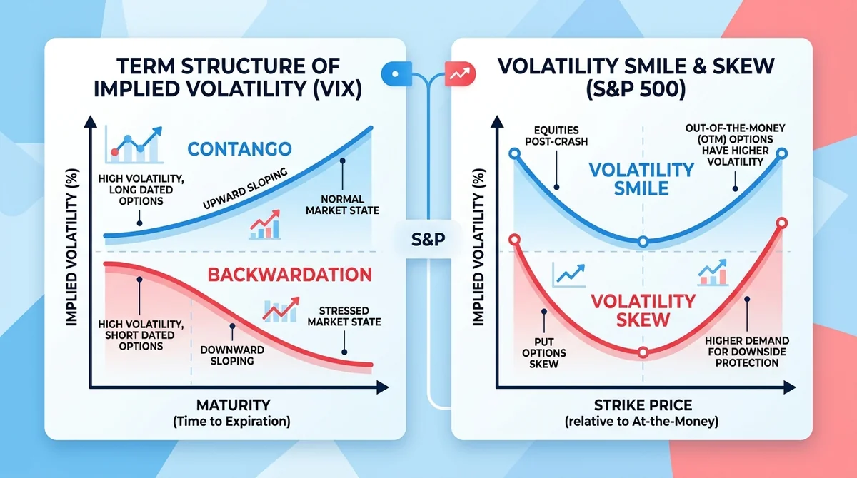 Wide 16:9 horizontal comparison infographic with two panels side by side: left panel showing term structure curves for contan