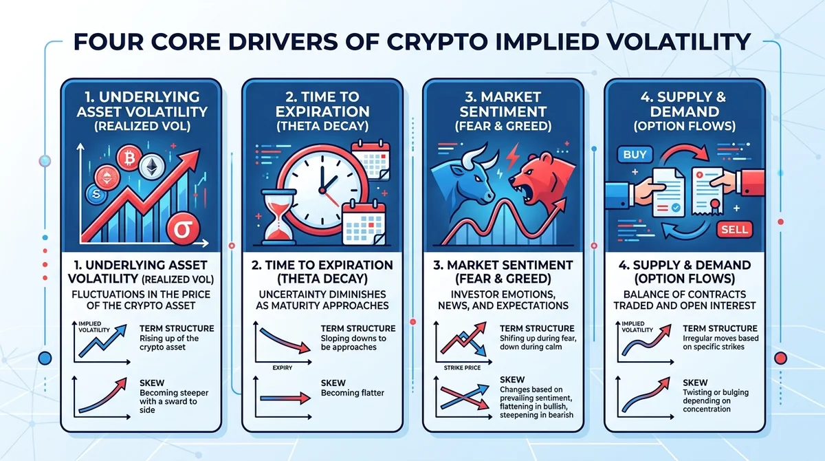 Wide 16:9 horizontal infographic with four icon boxes arranged in a row, each box representing a core driver of crypto option
