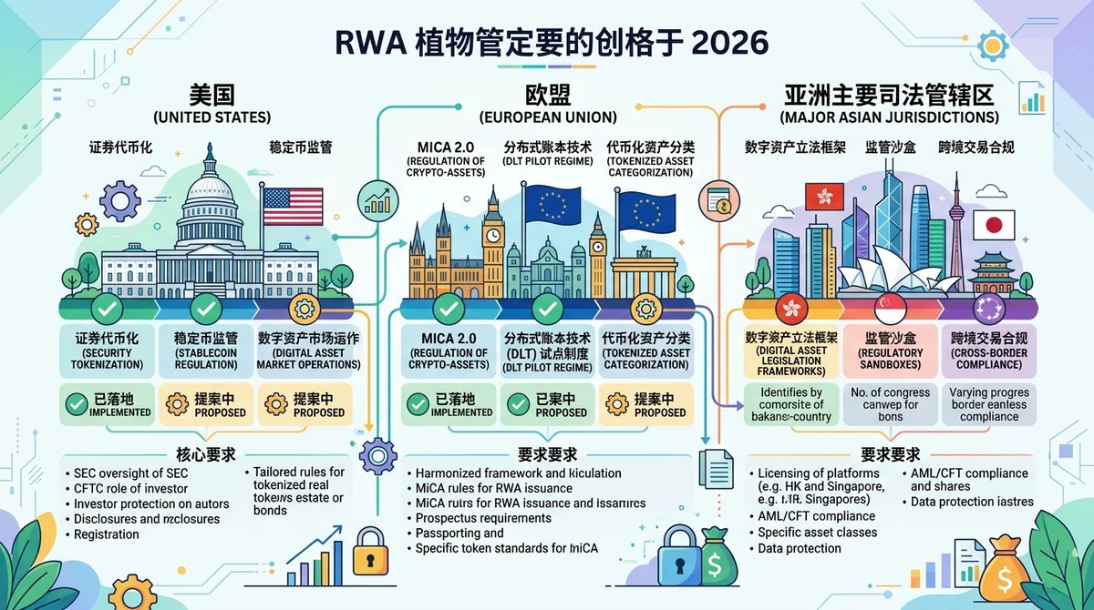 对比美国、欧盟、亚洲主要司法管辖区在2026年RWA监管进展，标注已落地与提案中状态及核心合规要求