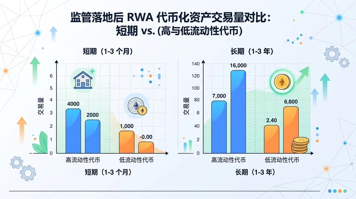 柱状图对比监管落地后RWA代币化资产交易量短期与长期变化，并区分高流动性代币与低流动性代币的表现