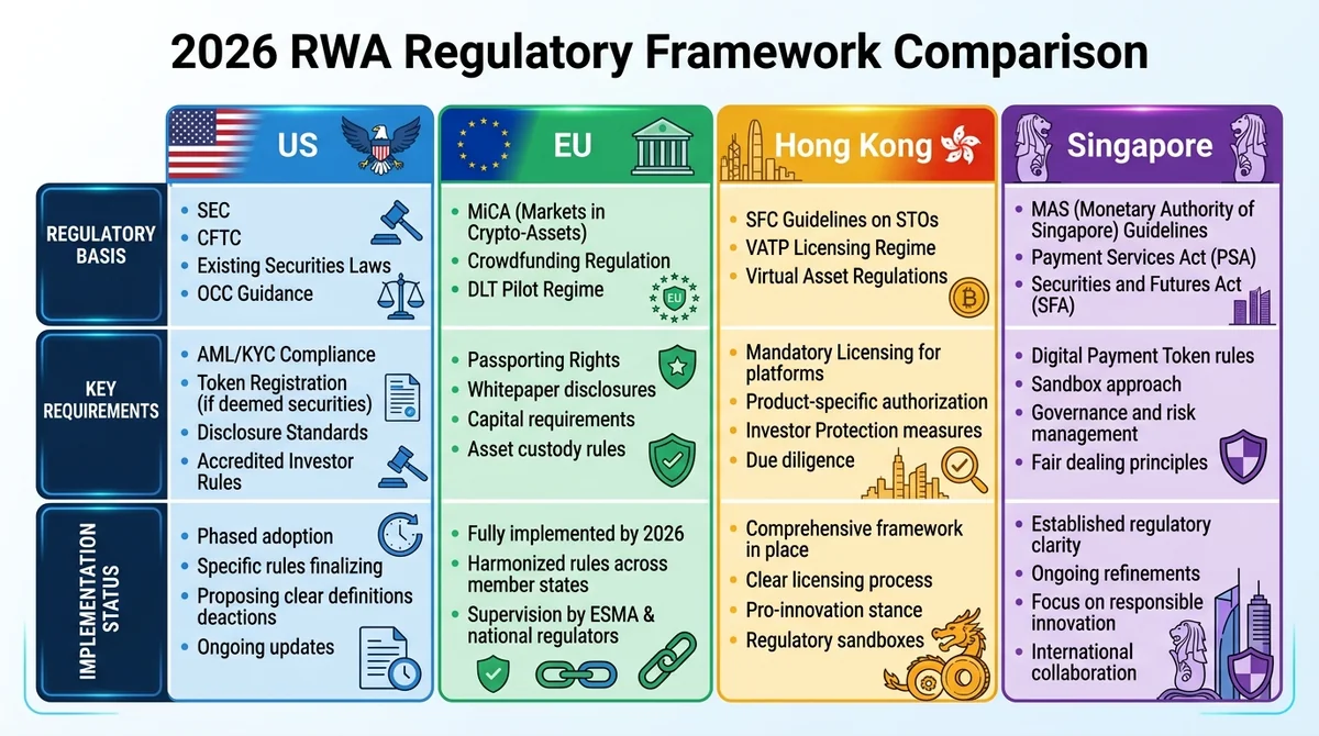 Wide 16:9 horizontal comparison table infographic, four columns for US, EU, Hong Kong, Singapore, rows for regulatory basis,