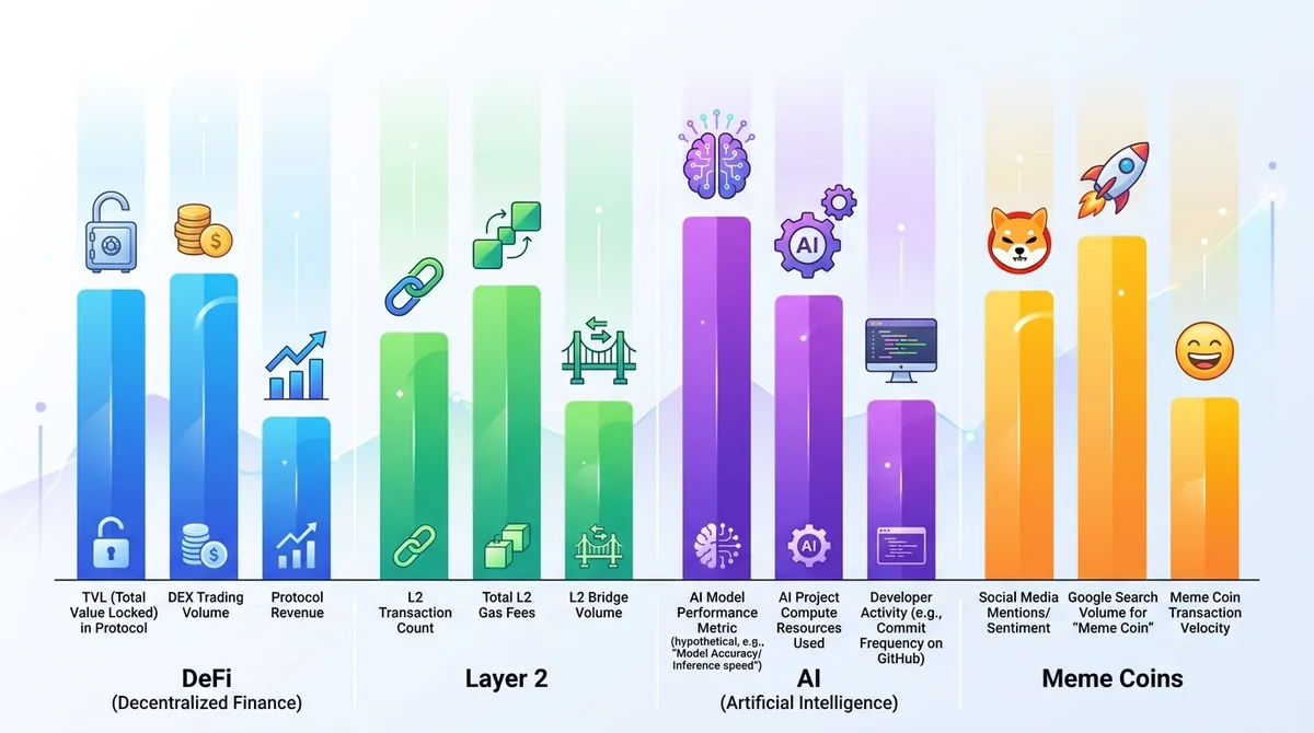 四大板块（DeFi、Layer2、AI、Meme）轮动关键信号指标对比柱状图，每个板块列出2-3个典型领先指标