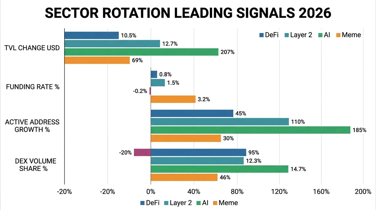 Wide 16:9 horizontal comparison bar chart, four grouped bars for DeFi, Layer2, AI, Meme, metrics: TVL change USD, funding rat