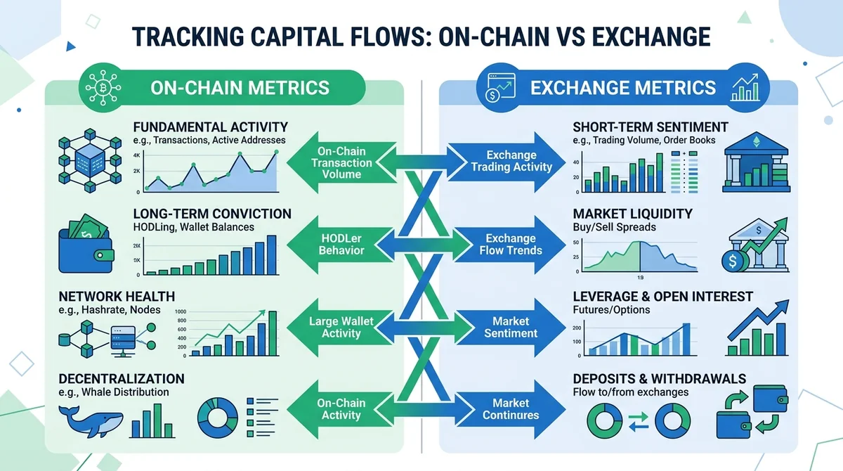 Wide 16:9 horizontal infographic, two-column layout comparing on-chain metrics and exchange metrics, arrows showing cross-val