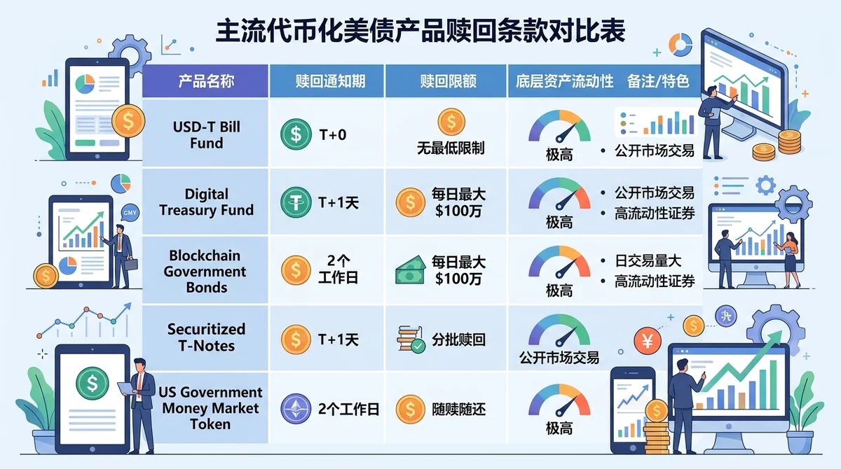 主流代币化美债产品赎回条款对比表:列出产品名称、赎回通知期、赎回限额、底层资产流动性等指标