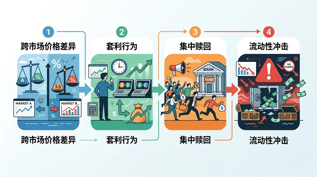 跨市场赎回联动引发流动性风险的机制流程图:从跨市场价格差异、套利行为到集中赎回、流动性冲击,用箭头串联四个步骤,每个步骤配图标