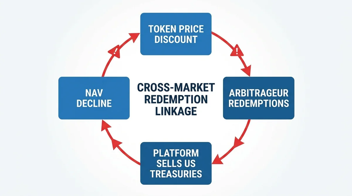 Wide 16:9 horizontal infographic flowchart, four connected boxes in a circular negative feedback loop: 'Token Price Discount'