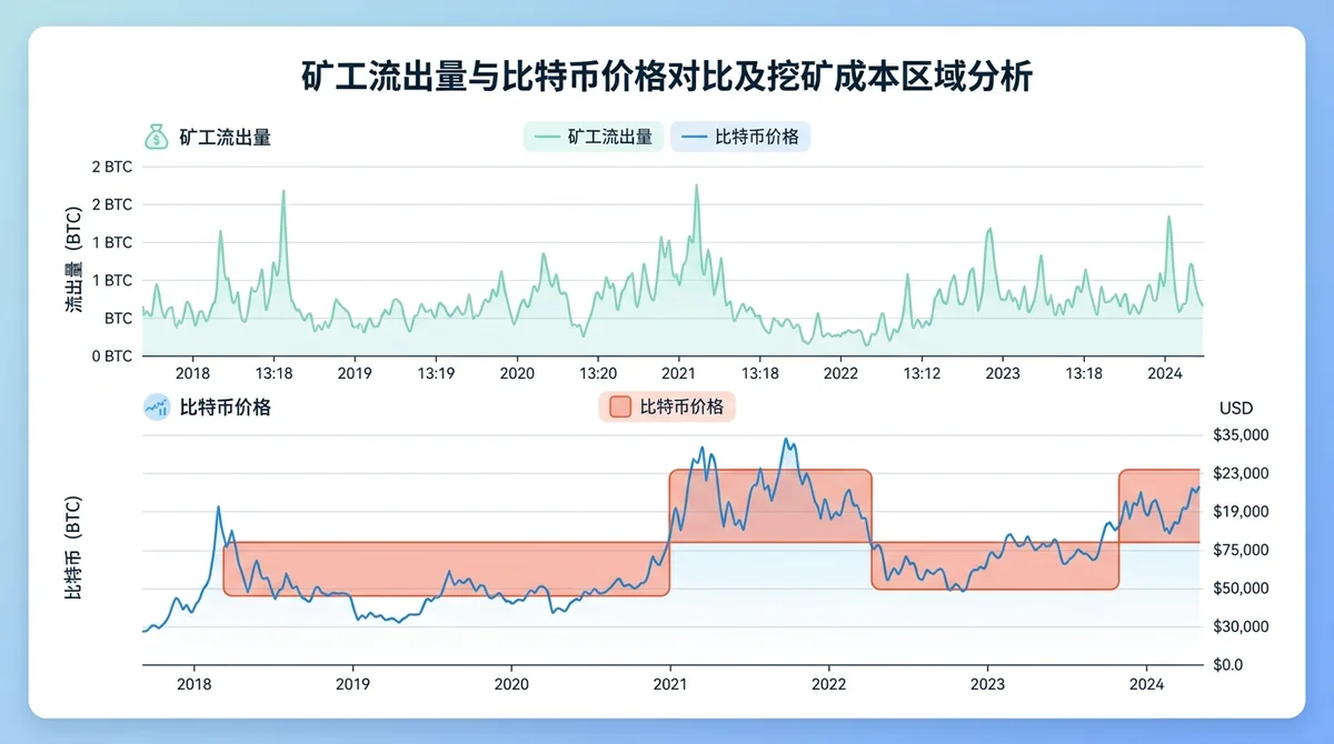 矿工流出量折线图与比特币价格折线图对比,标注挖矿成本区域
