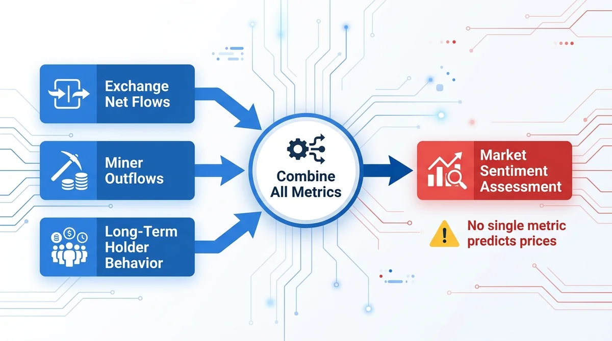 Wide 16:9 horizontal flow diagram infographic, three input boxes at left labeled 'Exchange Net Flows', 'Miner Outflows', 'Lon
